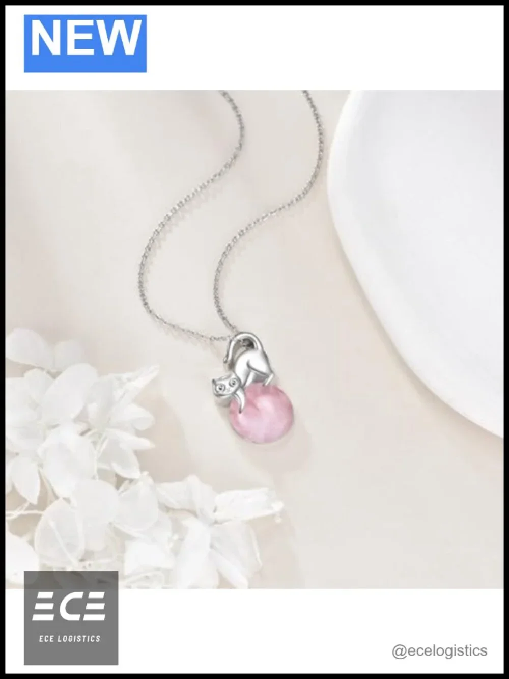 Sterling Silver Cat Necklace Rose Quartz Pendant 18+2 in Box Chain